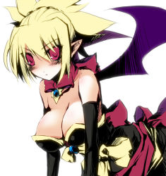 Rule 34 | 1girl, black gloves, blonde hair, blush, bow, breasts, cleavage, disgaea, dress, elbow gloves, gloves, gun, large breasts, makai senki disgaea 2, nippon ichi, ohta yuichi, outa yuichi, pointy ears, red eyes, rozalin, solo, strapless, strapless dress, weapon, wings, yellow bow