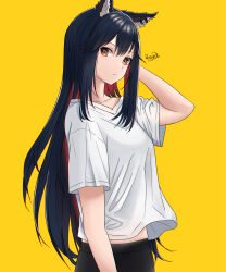 Rule 34 | 1girl, alternate costume, animal ear fluff, animal ears, arknights, arm at side, arm behind head, black hair, black pants, colored inner hair, commentary, cowboy shot, english commentary, from side, highres, long hair, looking at viewer, multicolored hair, orange eyes, pants, red hair, ryuudg, shirt, simple background, solo, t-shirt, texas (arknights), white shirt, wolf ears, wolf girl, yellow background