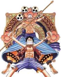Rule 34 | 2boys, abs, anklet, bandana, bangle, barefoot, black hair, blonde hair, bracelet, clenched hand, earlobes, earrings, enel, feet, jewelry, long earlobes, lowres, male focus, mitsudomoe (shape), monkey d. luffy, multiple boys, muscular, oda eiichirou, official art, one piece, open clothes, open vest, pole, sash, scar, shorts, skypiea, staff, standing, tomoe (symbol), topless male, torn clothes, vest, weapon, wristband