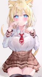 Rule 34 | 1girl, animal ear fluff, animal ears, blonde hair, blue eyes, blush, bra visible through clothes, breasts, brown skirt, cat ears, cat tail, collared shirt, cowboy shot, high-waist skirt, highres, hololive, hololive english, large breasts, looking at viewer, medium hair, mile (off8mile), miniskirt, necktie, parted lips, paw pose, plaid, plaid skirt, pleated skirt, red necktie, shirt, signature, simple background, skirt, solo, tail, tail raised, thighhighs, virtual youtuber, watson amelia, white background, white shirt, wing collar