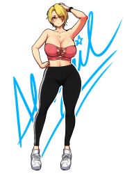 Rule 34 | 1girl, abigail fahrenheit, arm up, armpits, bare shoulders, black pants, blonde hair, breasts, character name, cleavage, cross-laced clothes, erkaz, full body, hands on own hips, highres, jewelry, large breasts, midriff, navel, necklace, one eye closed, original, outline, pants, shoes, short hair, simple background, solo, standing, thighs, white background, white footwear, white outline