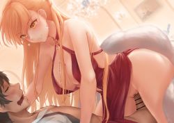 Rule 34 | 1boy, 1girl, bar censor, blonde hair, blush, breasts, censored, dress, girl on top, girls&#039; frontline, hetero, large breasts, long hair, mingke, official alternate costume, open mouth, orange eyes, ots-14 (girls&#039; frontline), ots-14 (ruler of the banquet) (girls&#039; frontline), parted lips, penis, pussy, red dress, sex, solo focus, vaginal