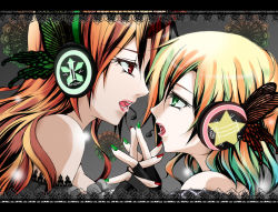 Rule 34 | 2girls, bad id, bad pixiv id, blonde hair, butterfly hair ornament, eye contact, face-to-face, female focus, green eyes, green nails, hair ornament, hazuki kasane, headphones, horns, hoshiguma yuugi, long hair, looking at another, magnet (vocaloid), mizuhashi parsee, multiple girls, nail polish, parody, red eyes, red nails, short hair, single horn, touhou, vocaloid, yuri