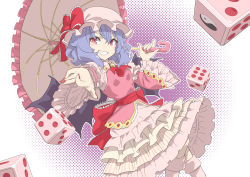 Rule 34 | 1girl, absurdres, ascot, blue hair, blush stickers, boots, brooch, commentary request, dice, dress, feet out of frame, frilled sleeves, frills, grin, hair between eyes, halftone, halftone background, hat, hat ribbon, highres, holding, holding umbrella, jewelry, juliet sleeves, kawayabug, layered dress, long sleeves, looking at viewer, mob cap, nail polish, pink dress, pink footwear, pink hat, pink lips, pink umbrella, puffy sleeves, red ascot, red eyes, red nails, red ribbon, remilia scarlet, ribbon, short hair, smile, solo, touhou, touhou cannonball, umbrella, white background, wide sleeves
