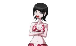 1girl bikini black_hair blue_eyes breasts cleavage collarbone crossed_arms danganronpa:_trigger_happy_havoc danganronpa_(series) danganronpa_s:_ultimate_summer_camp drakidor eyebrows eyelashes female_focus floral_print floral_print_bikini freckles looking_at_viewer medium_breasts navel open_mouth shouting solo swimsuit teeth third-party_edit tongue transparent_background upper_body upper_teeth_only