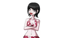 1girl absurdres bikini black_hair blue_eyes breasts cleavage collarbone crossed_arms danganronpa:_trigger_happy_havoc danganronpa_(series) danganronpa_s:_ultimate_summer_camp drakidor eyebrows eyelashes female_focus floral_print floral_print_bikini freckles highres ikusaba_mukuro looking_at_viewer medium_breasts navel official_style open_mouth shouting solo swimsuit teeth third-party_edit tongue transparent_background upper_body upper_teeth_only