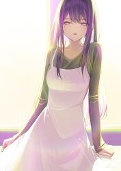 Rule 34 | 1girl, absurdres, backlighting, breasts, collarbone, commentary, dress, grey sweater, hair between eyes, highres, hoshino ai (oshi no ko), lens flare, long hair, long sleeves, looking at viewer, medium breasts, open mouth, oshi no ko, pinafore dress, purple eyes, purple hair, ribbed sweater, sidelocks, sleeveless, sleeveless dress, solo, sora (men0105), star-shaped pupils, star (symbol), sweater, symbol-shaped pupils, white background