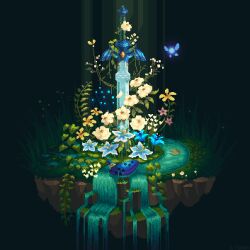 Rule 34 | animated, animated gif, blue flower, fairy, floating island, flower, grass, highres, instrument, itzah, lily pad, master sword, navi, nintendo, no humans, ocarina, petals, pixel art, plant, planted, planted sword, planted weapon, scenery, silent princess, sword, the legend of zelda, the legend of zelda: ocarina of time, vines, water, waterfall, weapon, white flower, yellow flower