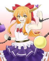 Rule 34 | 1girl, blouse, blush, bow, bowtie, clenched hands, cowboy shot, cuffs, gradient background, hair bow, hinagami, horn bow, horn ornament, horn ribbon, horns, ibuki suika, long hair, looking at viewer, open mouth, orange hair, ribbon, shackles, shirt, skirt, sleeveless, solo, torn clothes, torn shirt, touhou, yellow eyes
