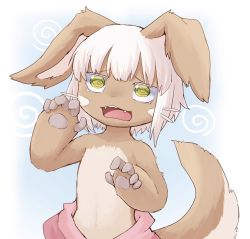 Rule 34 | 1other, @ @, animal ears, blue background, brown fur, commentary request, fangs, floppy ears, furrowed brow, furry, green eyes, grey hair, hands up, highres, made in abyss, nanachi (made in abyss), open mouth, other focus, pants, pink pants, short hair, solo, spiral background, sukasshu (mroooo), tail, topless, upper body, whiskers, white background
