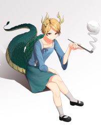 Rule 34 | 1girl, absurdres, antlers, black footwear, blonde hair, blue shirt, blue skirt, collarbone, crossed legs, dragon horns, dragon tail, full body, gradient background, grey background, grey socks, highres, holding, holding smoking pipe, horns, kicchou yachie, long sleeves, looking at viewer, mary janes, ozu (agito100001), red eyes, shadow, shirt, shoes, short hair, sitting, skirt, smoke, smoking pipe, socks, solo, tail, touhou, white background