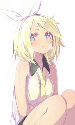 Rule 34 | 1girl, alternate costume, blonde hair, blue eyes, blush, bow, hair bow, hair ornament, hairclip, kagamine rin, kojiki-life, necktie, short hair, simple background, solo, vocaloid, wet, wet clothes, white background