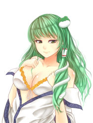 Rule 34 | 1girl, bad id, bad pixiv id, bra, breasts, cleavage, frog hair ornament, front-tie top, green eyes, green hair, hair ornament, highres, kochiya sanae, large breasts, long hair, looking at viewer, matching hair/eyes, off shoulder, open clothes, open shirt, shirt, simple background, smile, snake hair ornament, solo, touhou, underwear, undressing, white background, x&amp;x&amp;x