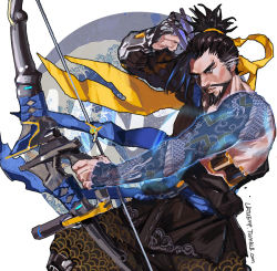 Rule 34 | 1boy, arrow (projectile), bandolier, bow (weapon), brown eyes, brown hair, freer, hair tie, hanzo (overwatch), male focus, overwatch, overwatch 1, ponytail, short hair, solo, tattoo, weapon