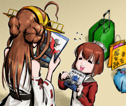 Rule 34 | 2girls, ahoge, bag, blu-ray, brown eyes, brown hair, brown neckerchief, choufu shimin, commentary request, detached sleeves, double bun, dress, flying sweatdrops, grey sailor collar, hair bun, hairband, headgear, japanese clothes, kantai collection, king kong (series), kong: skull island, kongou (kancolle), long hair, luggage, mazinger (series), mazinger z, monsterverse, multiple girls, neckerchief, pointing, red shirt, ribbon-trimmed sleeves, ribbon trim, sailor collar, sailor shirt, shirt, shopping bag, short hair, tan yang (kancolle), transformers, transformers: dark of the moon, transformers (live action), white dress, yukikaze (kancolle)