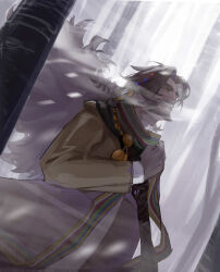 1boy adjusting_scarf akarinchan beard blonde_hair brown_coat brown_eyes brown_hair coat dark-skinned_male dark_skin dutch_angle facial_hair facing_up floating_hair fog forest from_side hand_up highres long_hair long_sleeves looking_up male_focus mature_male multicolored_clothes multicolored_scarf mustache nature open_mouth outdoors profile reverse:1999 scarf shamane solo teeth tree upper_body upper_teeth_only