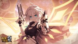 Rule 34 | 1girl, ahoge, aiming, aiming at viewer, benghuai xueyuan, black gloves, black shirt, blue eyes, braid, breasts, cleavage, closed mouth, copyright name, dual wielding, energy wings, fingerless gloves, gloves, gun, handgun, highres, holding, holding gun, holding weapon, honkai (series), jewelry, kiana kaslana, logo, looking at viewer, medium breasts, necklace, official art, second-party source, shirt, solo, symbol-shaped pupils, torn clothes, twin braids, weapon, white hair, wings