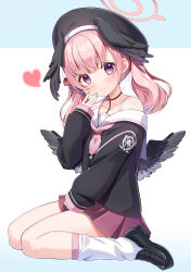 Rule 34 | 1girl, absurdres, beret, black footwear, black hat, black shirt, black wings, blue archive, blush, closed mouth, collarbone, fengshen chino, fingernails, full body, halo, hat, head wings, heart, highres, koharu (blue archive), long hair, long sleeves, looking at viewer, pink eyes, pink hair, pink halo, pleated skirt, red skirt, sailor collar, sailor shirt, shirt, shoes, skirt, socks, solo, twintails, white sailor collar, white socks, wings