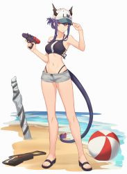 Rule 34 | 1girl, absurdres, after3310, arknights, arm up, armpits, bag, ball, bare arms, bare legs, bare shoulders, baseball cap, beach, beachball, bikini, bikini under clothes, black bikini, black footwear, ch&#039;en (arknights), ch'en (arknights), closed mouth, collarbone, dragon girl, dragon horns, dragon tail, female tourist c (arknights), folded ponytail, full body, grey shorts, hand on headwear, hat, heart, highres, holding, horns, horns through headwear, looking at viewer, navel, official alternate costume, open clothes, open shorts, planted, red eyes, sandals, shorts, sidelocks, simple background, solo, standing, stomach, swimsuit, tail, trigger discipline, water, water gun, white background, white hat