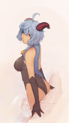 Rule 34 | 1girl, absurdres, ahoge, ass, ass support, bare shoulders, blue hair, breasts, brown eyes, cowbell, elbow gloves, ganyu (genshin impact), genshin impact, gloves, highres, horns, large breasts, leotard, long hair, looking at viewer, low ponytail, open mouth, rou (rou22), shiny clothes, shiny skin, sideboob, solo, very long hair, water, wet, wet clothes, wet hair