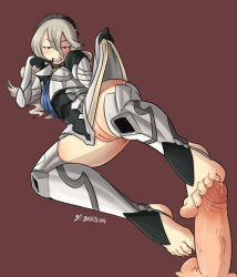 Rule 34 | armor, barefoot, blush, corrin (fire emblem), feet, fire emblem, fire emblem fates, footjob, hairband, looking at viewer, nintendo, penis, pussy, red eyes, toeless legwear, toes, uncensored