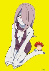 Rule 34 | 1girl, absurdres, breasts, chadgarciaburg, cleavage, feet, highres, little witch academia, meme attire, purple hair, red eyes, shirt, sitting, sleeveless, sleeveless shirt, small breasts, solo, sucy manbavaran, virgin killer sweater, witch