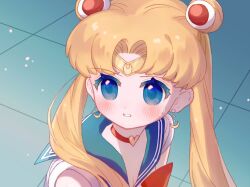 Rule 34 | 1girl, bishoujo senshi sailor moon, blonde hair, blue background, blue eyes, blue sailor collar, blush, bow, bowtie, choker, circlet, clenched teeth, closed mouth, collared shirt, colored eyelashes, commentary, crescent, crescent earrings, dangle earrings, derivative work, double bun, earrings, hair bun, hair ornament, hair over shoulder, heart, heart choker, indigopp, jewelry, light particles, long hair, looking ahead, magical girl, meme, parted bangs, red bow, red bowtie, red choker, sailor collar, sailor moon, sailor moon redraw challenge (meme), sailor shirt, screenshot redraw, shirt, short sleeves, solo, sweat, teeth, tile floor, tiles, twintails, upper body, white shirt, white sleeves