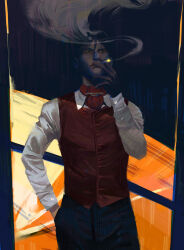 Rule 34 | 1boy, abstract, alyxwal, ascot, black gloves, cigarette, cowboy shot, daniil dankovsky, face in shadow, gloves, hand in pocket, highres, holding, holding cigarette, looking at viewer, male focus, pathologic, pathologic 2, red ascot, smoke, solo, waistcoat
