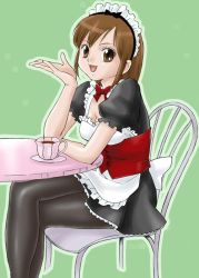 Rule 34 | 1girl, apron, black pantyhose, bow, breasts, brown eyes, brown hair, chair, cleavage, crossed legs, cup, long hair, maid, maid apron, maid headdress, open mouth, original, pantyhose, saucer, simple background, sitting, skirt, solo, table, tea, teacup, uraharukon
