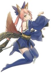 Rule 34 | 1girl, :o, animal ear fluff, animal ears, bare shoulders, blue bow, blue kimono, blue thighhighs, bow, breasts, cleavage, clenched hands, commentary, detached sleeves, erezu, eyebrows hidden by hair, fate/extra, fate (series), fox ears, fox girl, fox tail, full body, hair between eyes, hair bow, highres, japanese clothes, kimono, large breasts, long hair, long sleeves, looking at viewer, obi, open mouth, paw pose, pelvic curtain, pink hair, sash, short kimono, sidelocks, simple background, solo, split ponytail, tail, tamamo (fate), tamamo no mae (fate/extra), thighhighs, white background, wide sleeves, yellow eyes, zettai ryouiki