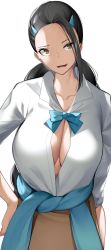 Rule 34 | 1girl, black hair, blue bow, blue bowtie, blue sweater, bow, bowtie, breasts, brown hair, brown skirt, candice (pokemon), cleavage, clothes around waist, collarbone, collared shirt, creatures (company), game freak, hair ornament, hairclip, hand on own hip, highres, large breasts, long hair, looking at viewer, nintendo, open clothes, open mouth, open shirt, pokemon, pokemon dppt, shirt, skirt, solo, sweater, sweater around waist, twintails, white background, white shirt, yuuyuu (yuuki1771)