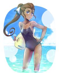 Rule 34 | 1girl, blue eyes, blue sky, brown hair, cloud, competition school swimsuit, dark-skinned female, dark skin, day, hair ribbon, iesupa, ilia amitola, one-piece swimsuit, ponytail, rescue buoy, ribbon, rwby, school swimsuit, sky, solo, spots, swimsuit, wading, water, wet
