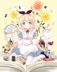 Rule 34 | 1girl, :q, alice (alice in wonderland), alice in wonderland, aqua eyes, blonde hair, book, card, cup, flower, hairband, holding, long hair, looking at viewer, mary janes, original, playing card, resolution mismatch, shoes, sitting, smile, solo, suihi, teacup, tongue, tongue out, white legwear