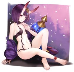 Rule 34 | 1girl, ankle cuffs, anklet, barefoot, breasts, fate/grand order, fate (series), horns, jewelry, kazto furuya, navel, oni, pale skin, purple eyes, purple hair, short hair, shuten douji (fate), shuten douji (first ascension) (fate), sitting, small breasts, solo