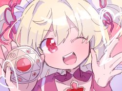 Rule 34 | 1girl, ;d, ayano rika, blonde hair, choker, compact (cosmetics), eyes visible through hair, gem, hair between eyes, hands up, head tilt, heart, holding compact, magia record: mahou shoujo madoka magica gaiden, magical girl, mahou shoujo madoka magica, one eye closed, open mouth, paru rari, portrait, red choker, red eyes, red gemstone, red sleeves, sailor collar, sidelocks, smile, solo, soul gem, two-tone sleeves, two side up, white sleeves