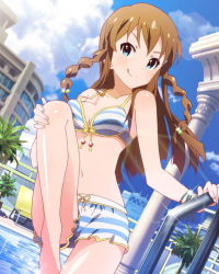 Rule 34 | 10s, 1girl, :q, aqua eyes, artist request, bikini, bracelet, braid, brown hair, cloud, day, idolmaster, idolmaster million live!, jewelry, kousaka umi, licking lips, long hair, navel, official art, pool, sky, smile, solo, swimsuit, tongue, tongue out, twin braids, two side up, water