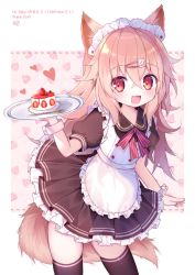 Rule 34 | 1girl, :3, animal ears, apron, black dress, black thighhighs, bow, bowtie, buttons, cake, cat ears, cat girl, cat tail, collared dress, commentary request, commission, cowboy shot, crossed bangs, d omm, dot nose, dress, food, fork, frilled dress, frills, fruit, hair between eyes, hair ornament, hairclip, hand up, heart, holding, holding cake, holding food, holding tray, indie virtual youtuber, light blush, long hair, maid, maid apron, maid headdress, open mouth, pink eyes, pink hair, puffy short sleeves, puffy sleeves, red bow, red bowtie, shirogane ruby, short sleeves, skeb commission, smile, solo, strawberry, tail, thighhighs, tray, virtual youtuber, wrist cuffs