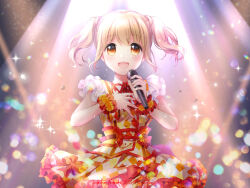 Rule 34 | 1girl, :d, blonde hair, blurry, blurry background, bow, brown hair, cowboy shot, dress, dress bow, flower, frilled dress, frills, fukuda fukutarou, hand on own chest, holding, holding microphone, idol, idoly pride, kawasaki sakura (idoly pride), looking at viewer, microphone, open mouth, orange dress, orange eyes, plaid, plaid dress, short hair, short sleeves, smile, solo, stage lights, twintails, wrist cuffs