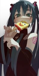 Rule 34 | 1girl, aqua necktie, arm tattoo, biting, black shirt, blue eyes, blue hair, crossover, detached sleeves, eating, food, gradient background, grey background, hair between eyes, hair ribbon, hatsune miku, highres, holding, looking at viewer, necktie, popsicle, ribbon, shirt, simple background, solo, spongebob squarepants, spongebob squarepants (series), tattoo, topdylan, twintails, vocaloid