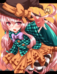 Rule 34 | 1girl, adapted costume, blush, bow, bubble skirt, commentary request, hat, hat bow, hata no kokoro, highres, jack-o&#039;-lantern, long hair, long sleeves, open mouth, pantyhose, pink eyes, pink hair, shirt, skirt, solo, striped clothes, striped pantyhose, touhou, very long hair, wide sleeves, witch hat, zan (harukahime)