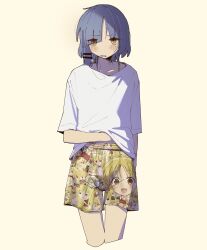 Rule 34 | 1girl, absurdres, blue hair, bocchi the rock!, character print, commentary, cowboy shot, cropped legs, english commentary, highres, ijichi nijika, looking at viewer, machuuu68, mole, mole under eye, parted lips, scratching stomach, shirt, short hair, shorts, solo, standing, white shirt, yamada ryo, yellow eyes, yellow shorts
