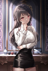 Rule 34 | 1girl, arm under breasts, black hair, black skirt, breasts, closed mouth, cowboy shot, indoors, large breasts, long sleeves, looking at viewer, lunacle, original, red eyes, shirt, shirt tucked in, skirt, solo, white shirt