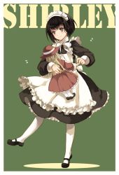 Rule 34 | 1girl, apron, bad id, bad pixiv id, black hair, bob cut, bow, bowtie, character name, dancing, doll, frills, full body, green background, grey eyes, headdress, hug, hugging doll, hugging object, leg lift, light smile, maid, maid apron, maid headdress, mary janes, musical note, shiina aya, shirley (manga), shirley medison, shoes, short hair, simple background, solo, standing, standing on one leg, thighhighs, victorian, white thighhighs
