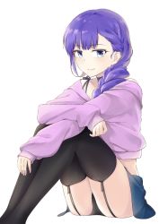 Rule 34 | 1girl, ass, bare shoulders, black panties, black thighhighs, blue eyes, blue skirt, blush, braid, braided ponytail, breasts, coffeekite, fate/extra, fate/extra ccc, fate (series), garter straps, knees up, legs, long hair, long sleeves, looking at viewer, meltryllis (fate), off-shoulder sweater, off shoulder, panties, pink sweater, purple hair, sitting, skirt, small breasts, smile, sweater, thighhighs, underwear