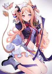 Rule 34 | 1girl, :o, a fu jiade luo, absurdres, animal ear fluff, animal ears, archetto (arknights), archetto (publicity strategy) (arknights), arknights, arms up, belt, between legs, blonde hair, blue eyes, boots, bow, bowtie, breasts, chinese commentary, commentary request, creature, crop top, epaulettes, frilled sleeves, frills, gloves, hair bow, heterochromia, highres, infection monitor (arknights), knee boots, lion tail, long hair, looking at viewer, medium breasts, midriff, miniskirt, navel, official alternate costume, parted bangs, parted lips, puffy short sleeves, puffy sleeves, red bow, red bowtie, red eyes, short sleeves, simple background, sitting, skirt, solo, stomach, striped, striped bow, tail, two side up, very long hair, wariza, white background, white footwear, white gloves, white skirt