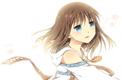 Rule 34 | 1girl, blue eyes, blush, brown hair, crying, crying with eyes open, jewelry, key (company), necklace, open mouth, petals, short hair, simple background, solo, tears, touon
