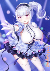 Rule 34 | 1girl, absurdres, artist name, azur lane, black hairband, breasts, center frills, clothing cutout, dido (azur lane), dido (muse) (azur lane), frilled hairband, frills, gloves, hairband, highres, large breasts, makihige, miniskirt, outstretched arm, purple eyes, purple skirt, short sleeves, side ponytail, skirt, solo, thighhighs, underboob, underboob cutout, white gloves, white hair, white thighhighs