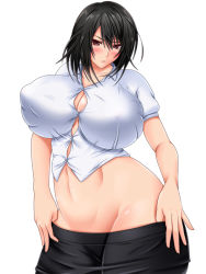Rule 34 | 1girl, black hair, breasts, brown eyes, bursting breasts, clothes pull, covered erect nipples, curvy, female focus, groin, huge breasts, kitagawa misa, midriff, no bra, no panties, photokano, saogokushi, shirt, short hair, simple background, skirt, skirt pull, solo, standing, straining buttons, undressing, white background
