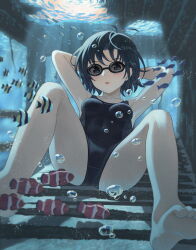 Rule 34 | 1girl, amagami, angelfish, armpits, arms behind head, ass, backlighting, bare arms, bare legs, barefoot, black hair, black one-piece swimsuit, blue one-piece swimsuit, blue theme, blurry, blurry foreground, blush, botan m, breasts, bubble, clownfish, collarbone, commentary, commission, dot nose, feet, fish, foot out of frame, freediving, goggles, head tilt, highres, impossible clothes, knees up, legs, light blush, looking at viewer, m legs, nanasaki ai, ocean, one-piece swimsuit, parted lips, perspective, pixiv commission, ruins, short hair, sitting, small breasts, soles, solo, spread legs, stairs, submerged, swim goggles, swimsuit, tareme, tinted eyewear, toenails, toes, tomboy, two-tone swimsuit, underwater, water