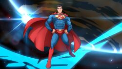 Rule 34 | 1boy, black hair, blue bodysuit, blue eyes, bodysuit, boots, cape, clark kent, closed mouth, covered abs, dc comics, hands on own hips, highres, kuroshinki, large pectorals, male focus, muscular, muscular male, my adventures with superman, pectorals, red cape, short hair, smile, solo, superman, superman (series)